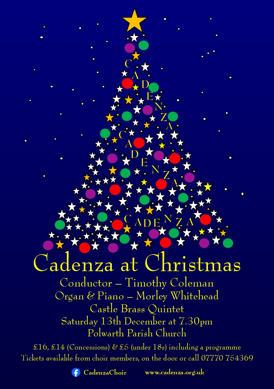 The poster image for the Cadenza 2025 Christmas concert, in the style of a Christmas tree formed of stars and baubles.