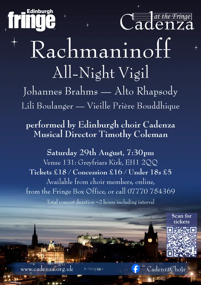 The poster for Cadenza's Fringe concert 2026, based on an image of Edinburgh's skyline at night overlaid with details of the concert programme (which are included in the text of this page).